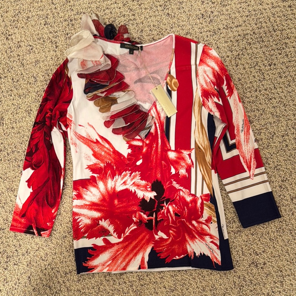 Roberto Cavalli NEW Floral Red & White V-Neck Sweater with Ruffle Detail Size 46